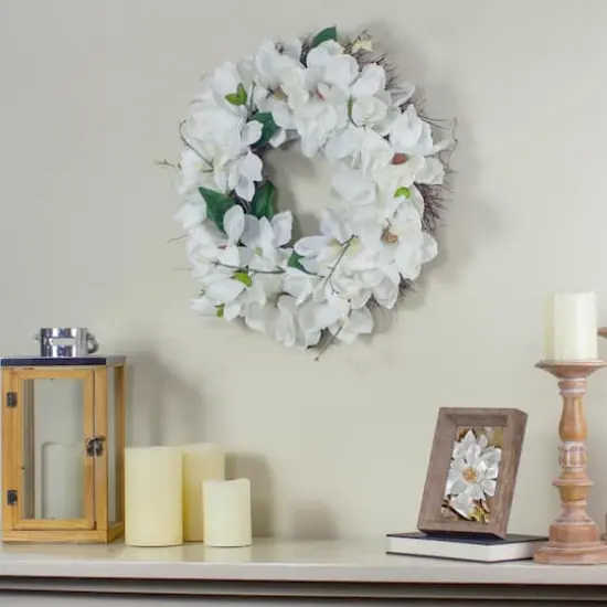 24" White Magnolia Artificial Spring Wreath {3}