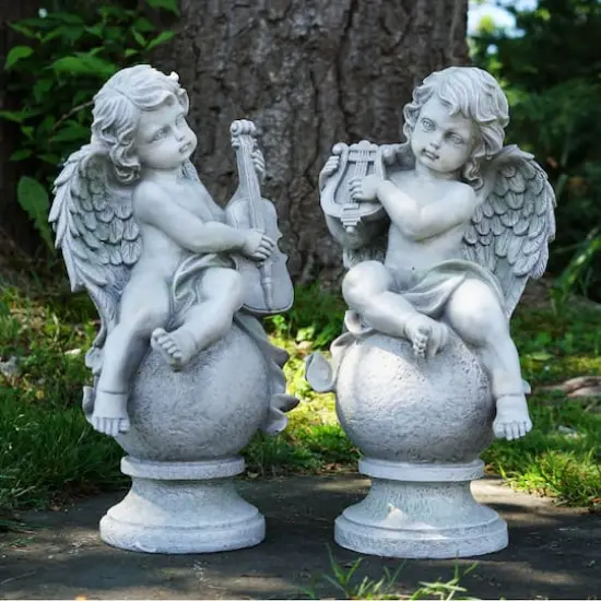 14.75" Gray Cherub Angels with Violin & Harp Sitting on Finials Outdoor Garden Statues {3}