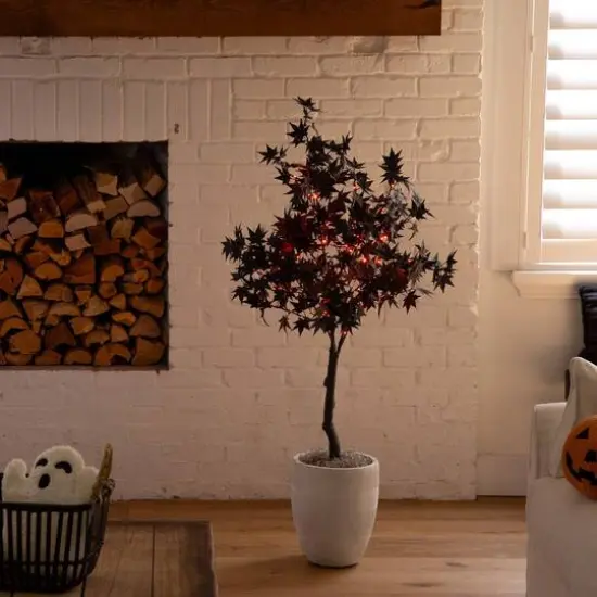 4ft. Pre-Lit Artificial Halloween Black Maple Tree with 180 Orange & Purple LED Lights {12}
