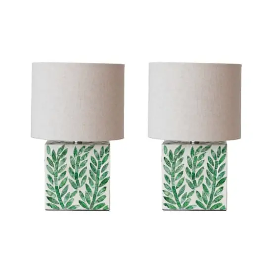 Hello Honey® 14" Green Botanical Pattern Reclaimed Wood & Shell Table Lamp with Linen Shade, 2ct. {1}