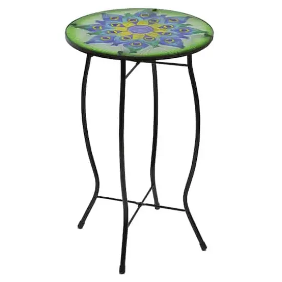 19" Green & Blue Peacock Flower Tail Glass Patio Side Table {5}