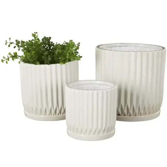 White Ribbed Textured Ceramic Planter Set {1}