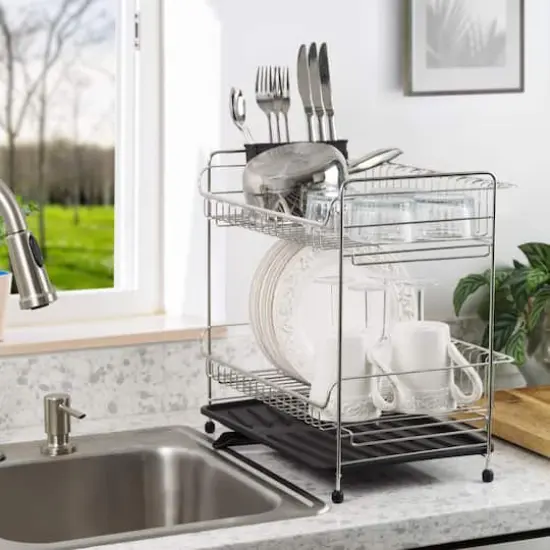 IRIS&reg; 15.75" Stainless Steel 2-Tier Dish Rack Black {3}