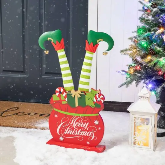 Glitzhome&reg; 2ft. Wood & Metal Elf Legs in Gift Box Porch D&eacute;cor {3}