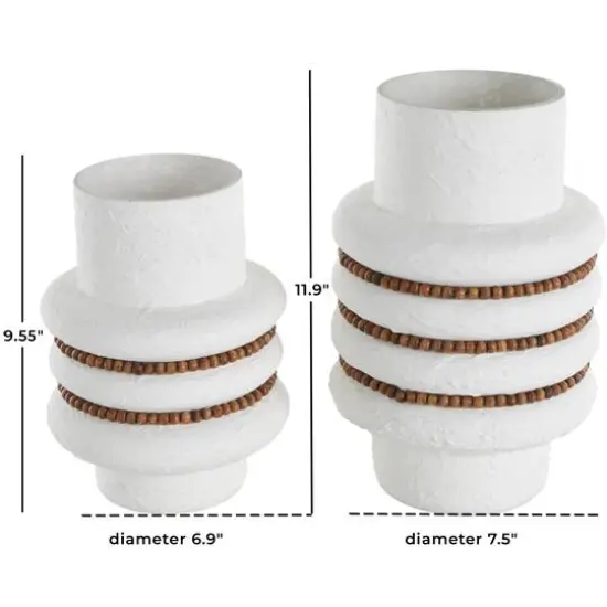White Glass Textured Decorative Vase with Brown Wood Beaded Stripes Set {8}