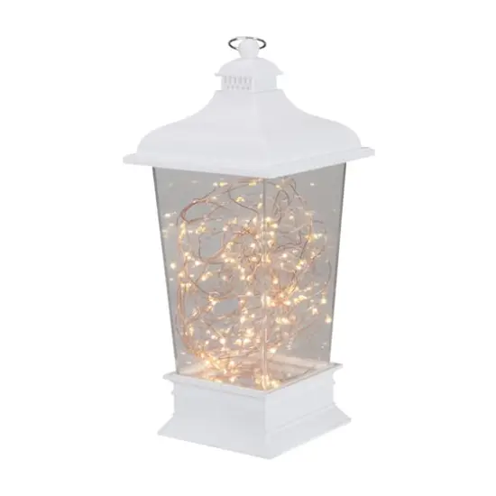 12" Battery Operated White Tapered Lantern with Rice Lights {1}