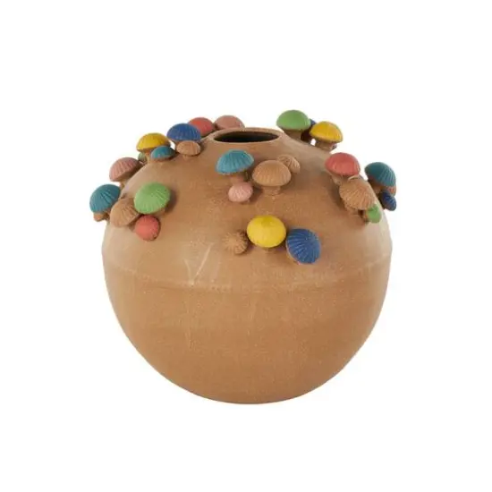 13" Brown Ceramic Round Wide Decorative Vase with Multicolor Mushroom Accents {7}
