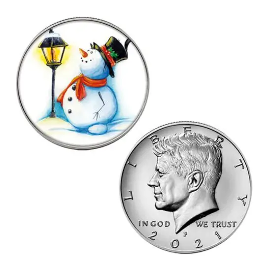 Happy Holidays Snowman Colorized Half Dollar With 2021 JFK Coins and Snowman Stamp in Wood Frame {3}