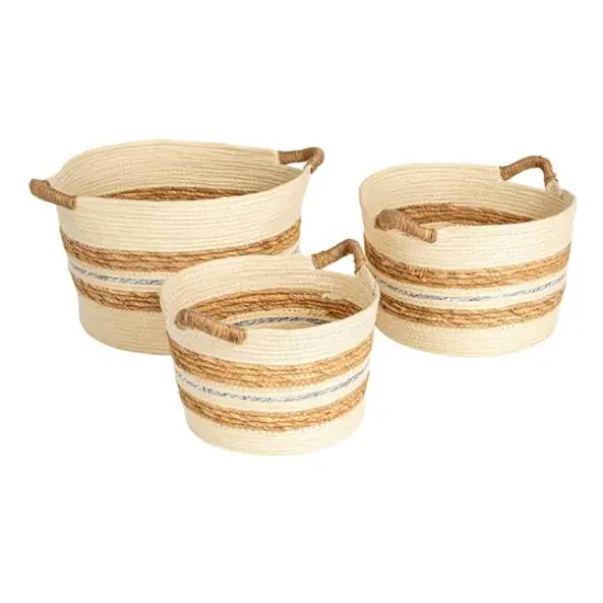 Household Essentials Natural Handwoven Corded Paper & Cattail Striped Basket Set with Handles {1}