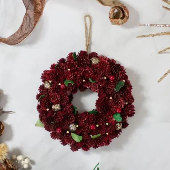 9.5" Red & Gold Pinecone Wreath {5}