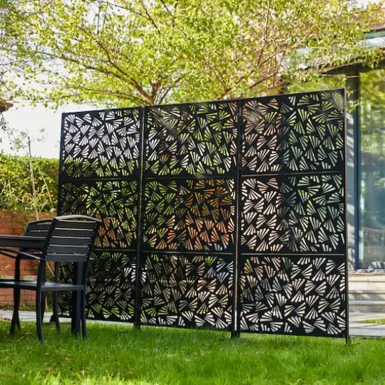 Glitzhome&reg; 6ft. Black Galvanized Steel Irregular Geometric Pattern Privacy Screen Fence Panel & Room Divider {5}