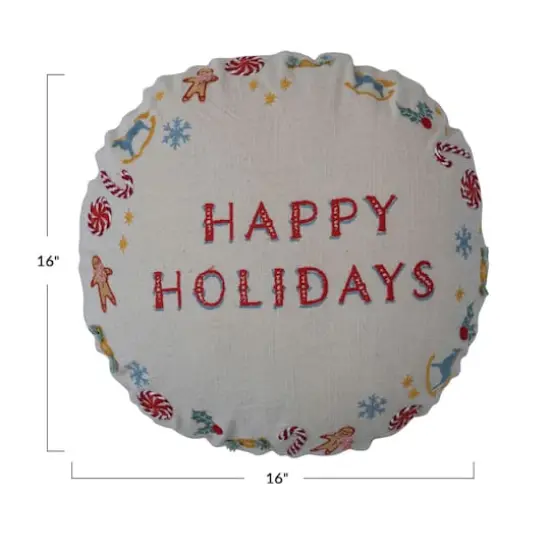 Hello Honey® 16" Happy Holidays Embroidery Round Cotton Slub Pillow {5}