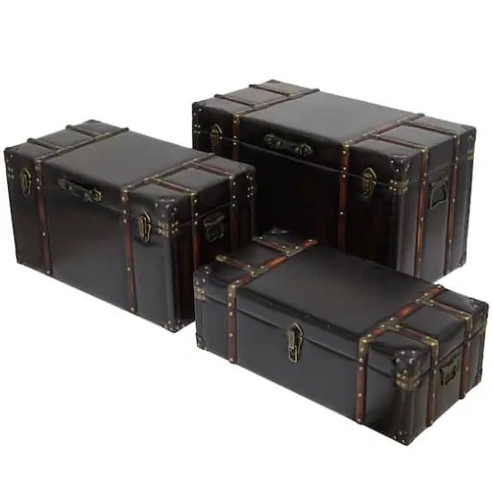 Dark Brown Faux Leather Studded Trunk with Latches & Handles Set {5}