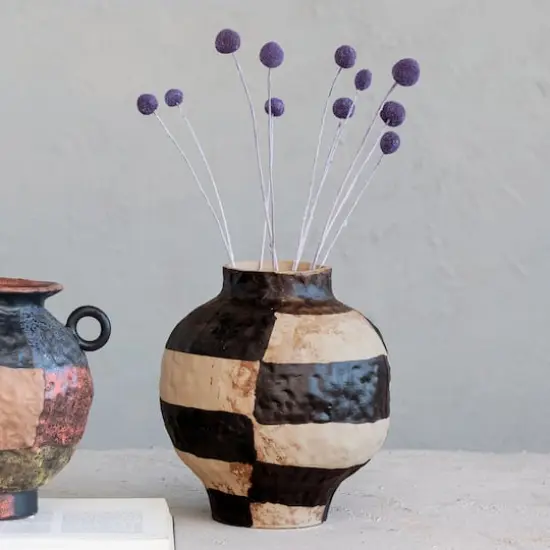 Hello Honey&reg; 10" Black & Cream Hand-Painted Stoneware Vase with Reactive Glaze {3}