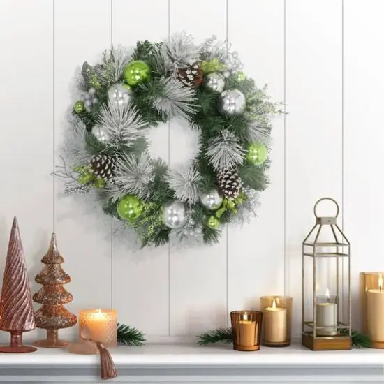 24" Green & Silver Ornament Decorated Wreath {4}
