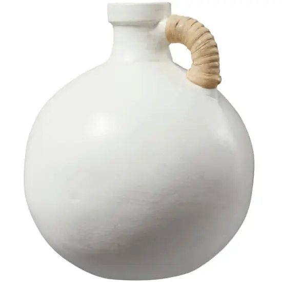 11" White Ceramic Jug Inspired Vase with Rattan Wrapped Handle {3}