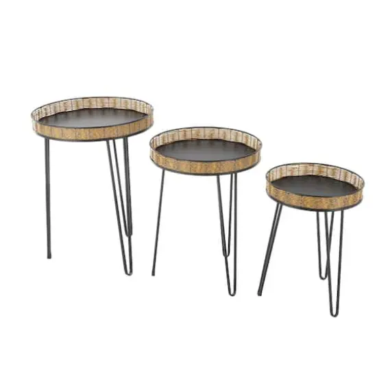 Black Metal Handmade Accent Table with Rattan Tabletop Set {4}