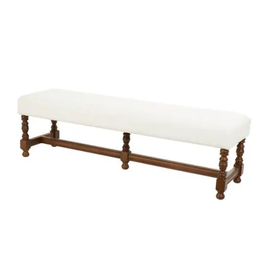 59" Cream Fabric Bench with Brown Traditional Wood Turned Legs {8}
