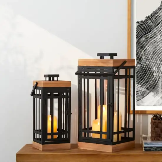 Glitzhome&reg; Black Modern Square Metal & Wood Lanterns Set {3}