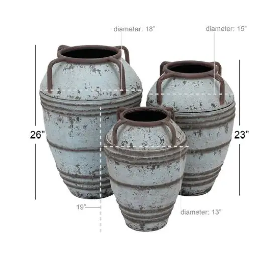 Set of 3 Blue Metal Rustic Vase, 26", 23", 19" {10}