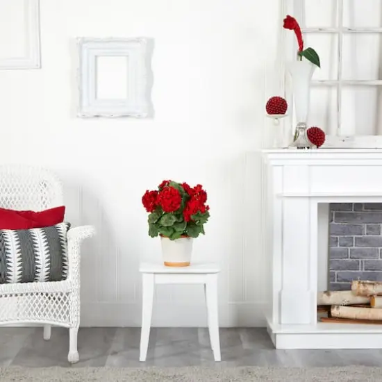 17" Red Geranium In White Decorative Pot {5}