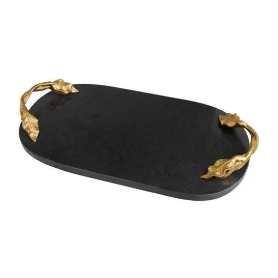 19" Black Marble Oval Tray with Gold Leaf Handles {1}