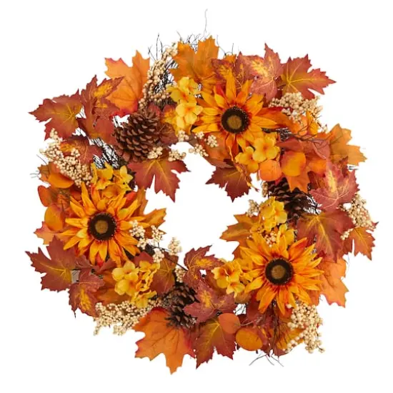 28" Autumn Maple Leaves, Sunflower, White Berries & Pinecones Wreath {1}