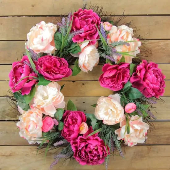 22" Pink Peony & Twig Spring Floral Wreath {4}
