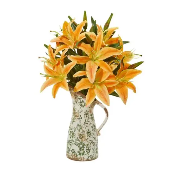 21" Orange Lily Arrangement in Green & White Distressed Floral Pitcher {1}