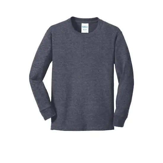 Port & Company&reg; Youth Long Sleeve Core Cotton T-Shirt Heather Navy {1}