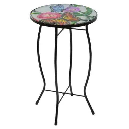 19" Floral & Butterfly Glass Patio Side Table {5}