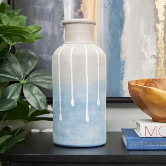 15" Blue & Gray Ceramic Abstract Ombre Drip Vase {3}