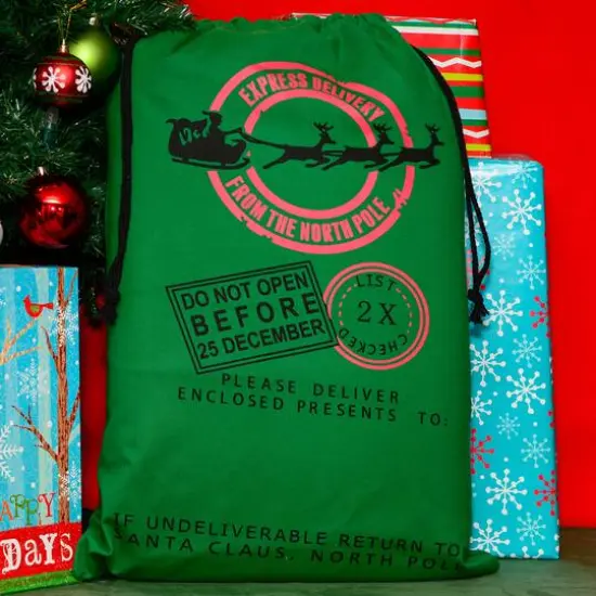 19" x 26" Express Delivery Green Christmas Cotton Drawstring Bag {3}