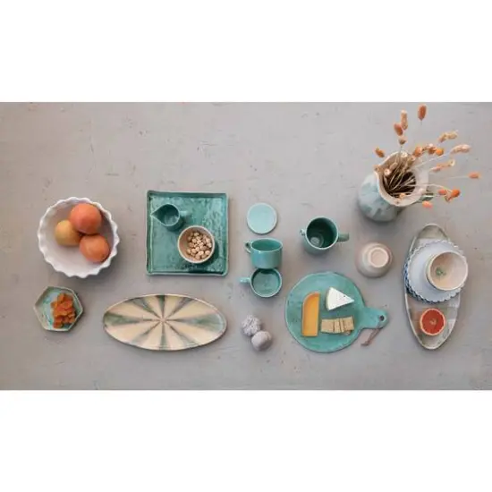 Hello Honey&reg; 13.75" Aqua Round Stoneware Cheese Board with Leather Tie {8}