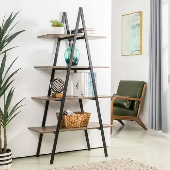 Glitzhome&reg; 5.5ft. Modern Industrial 4-Tier A-Frame Open Ladder Bookshelf Rustic {4}