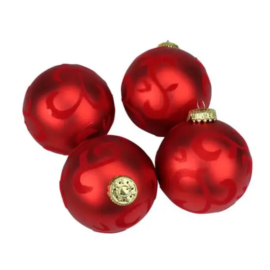 4ct 2.75" Red Flocked Flourish Shatterproof Ball Ornaments {3}
