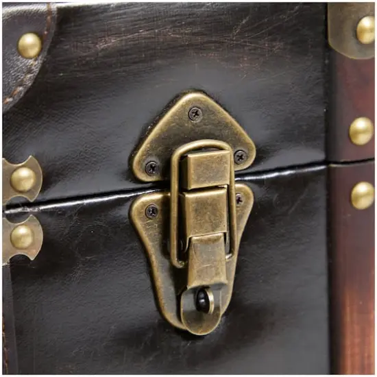 Dark Brown Faux Leather Studded Trunk with Latches & Handles Set {10}
