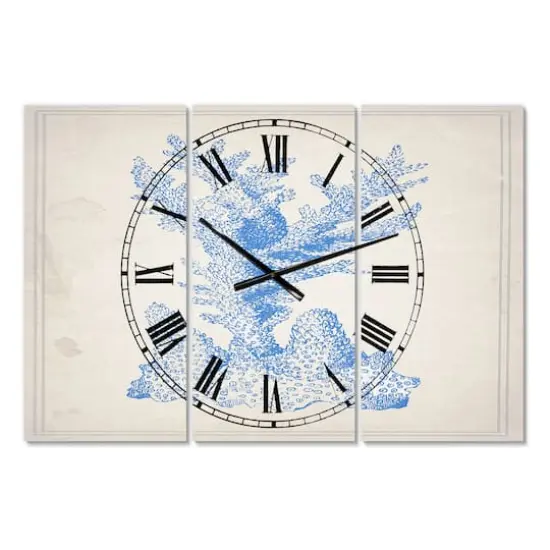 Designart Nautical & Coastal Blue Coral 3 Panel Large Wall Clock {1}