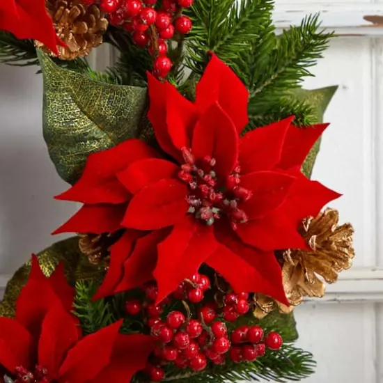 24" Poinsettia, Berry and Golden Pinecone Artificial Wreath {6}