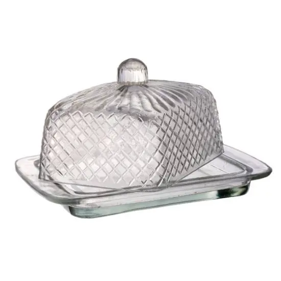 Hello Honey® 6.75" Clear Embossed Reclaimed Glass Butter Dish {7}