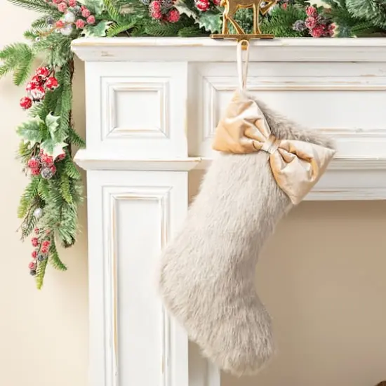 Glitzhome&reg; 21"L Faux Fox Fur Christmas Stocking with Bow {4}