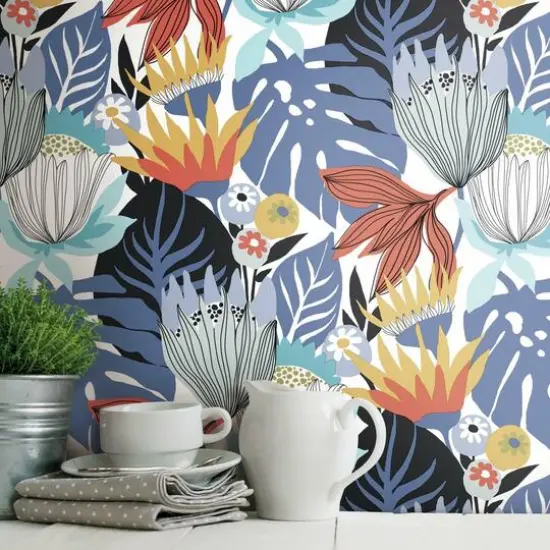 RoomMates Retro Tropical Leaves Peel & Stick Wallpaper Blue and Yellow {7}