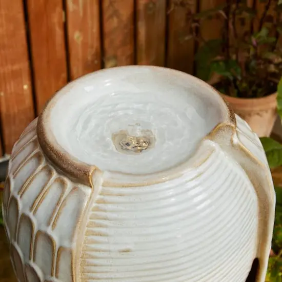 Glitzhome&reg; 28.25" LED Petals Textured Ceramic Jar Outdoor Floor Fountain {5}