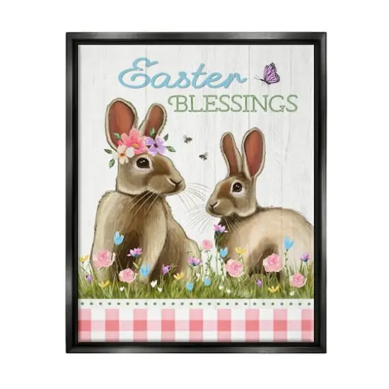 Stupell Industries Easter Blessings Gingham Spring Bunnies Floater Framed Art Black {1}