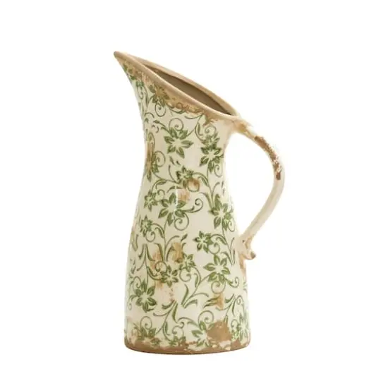 10" Tuscan Ceramic Green Scroll Pitcher Vase {1}