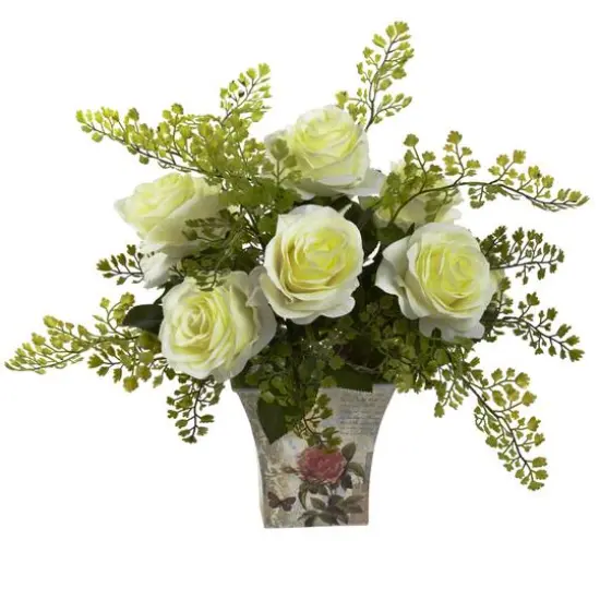 13" Rose & Maidenhair Fern in Floral Planter White {1}