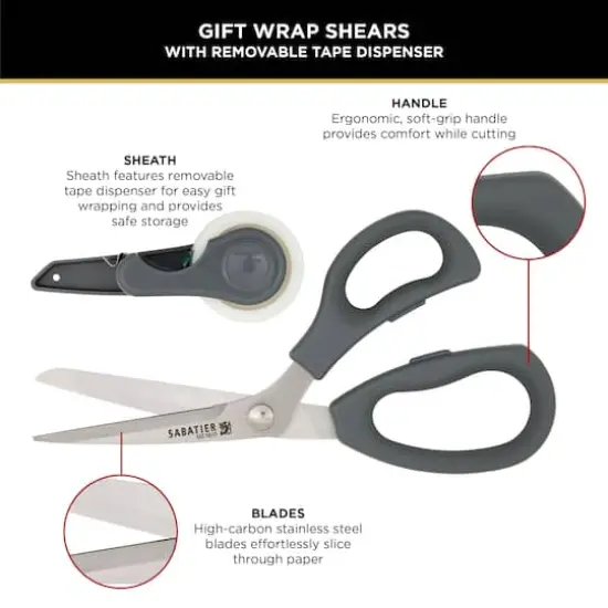 Sabatier 2-in-1 All-Purpose Gift Wrap Scissors with Removable Tape Dispenser Blade Cover Gray {5}
