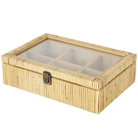 12" x 9" x 4" Brown Hand-Wrapped Rattan 6-Slot Jewelry Box with Tempered Glass Top {1}