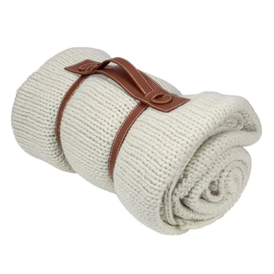 Ivory Knitted Throw Blanket with Carrying Band {3}