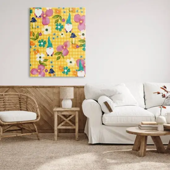 Stupell Industries Yellow Tartan Patterned Spring Gnomes Mushrooms Canvas Wall Art {3}